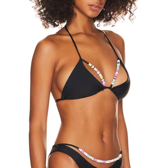 Lovers + Friends Black Beaded Triangle String Bikini Top XS Set On You $98 NEW - Picture 2 of 9
